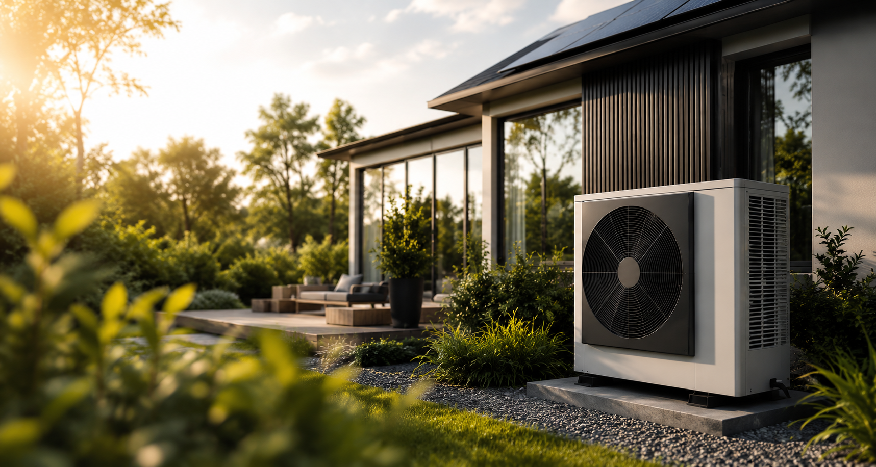 Wärmepumpe an modernem Wohnhaus mit Garten